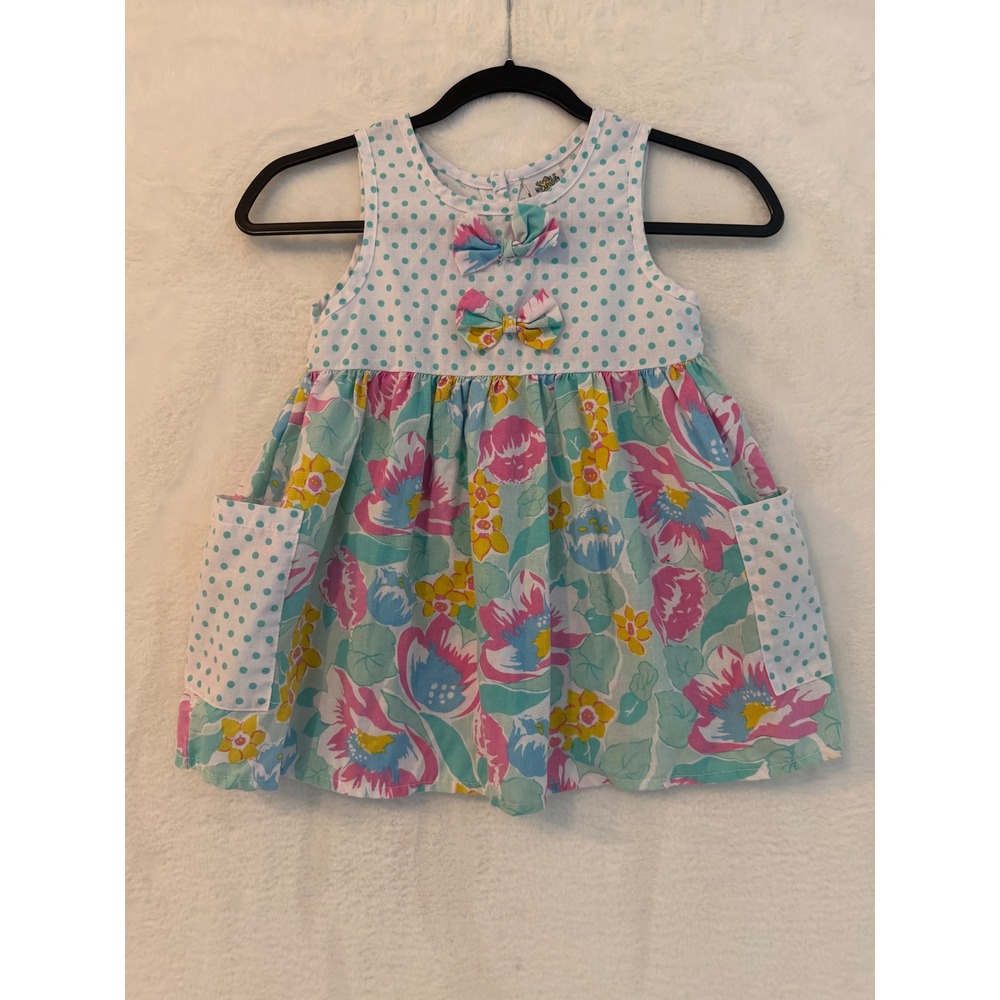 Vintage Cuties by Judy Girls Size 4 Floral Polka Dot Bow Dress Sleeveless